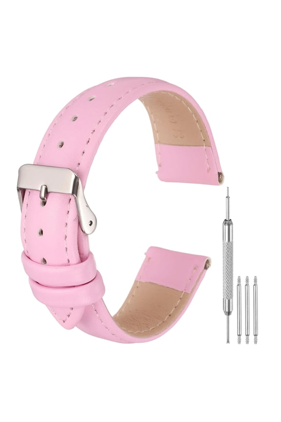 Leather Watch Bands for Men and Women, 20mm Quick Release Watch Strap Replacement, Flat Thin Elegant Leather Watch Strap with Strap Tools, Pink