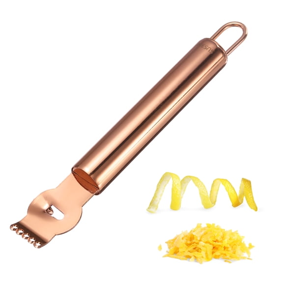 Uxcell Lemon Zester Tool, Stainless Steel Citrus Zester with Channel Knife Hanging Hook Grater Keen Rind Twist Orange Peeler for Cocktail Garnishes Bar Kitchen, Rose Gold