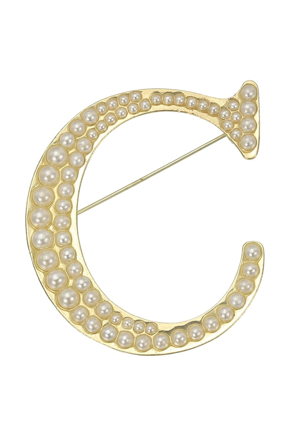 Letter Brooch Pins, Pearl Initial Rhinestone Alphabet C Letter Lapel Badges Pin for Women, Gold Tone