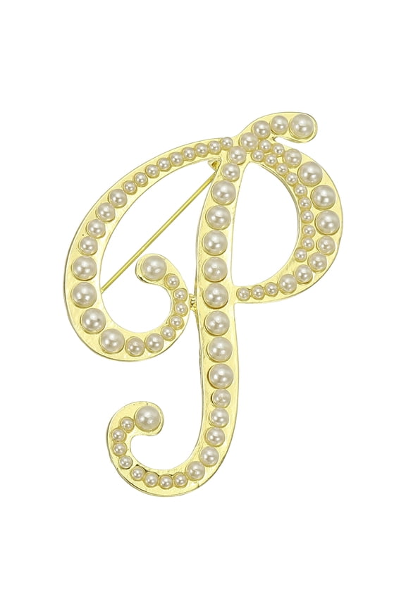 Letter Brooch Pins, Pearl Initial Rhinestone Alphabet P Letter Lapel Badges Pin for Women, Gold Tone