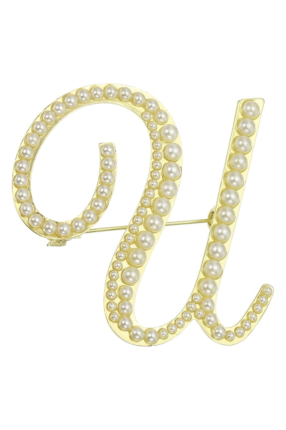 Letter Brooch Pins, Pearl Initial Rhinestone Alphabet U Letter Lapel Badges Pin for Women, Gold Tone