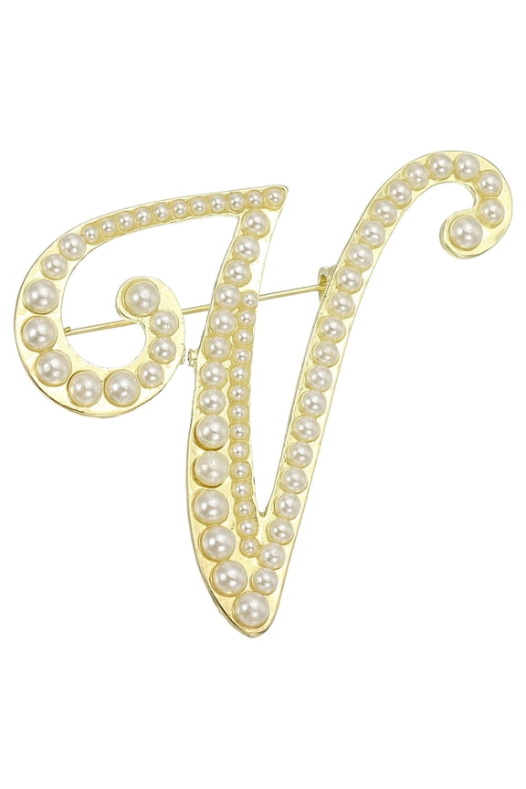 Letter Brooch Pins, Pearl Initial Rhinestone Alphabet V Letter Lapel Badges Pin for Women, Gold Tone