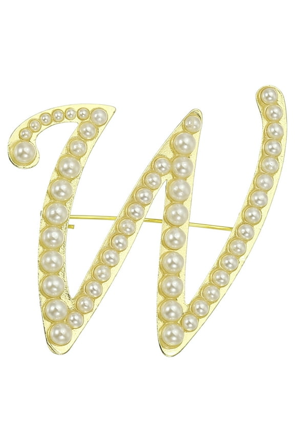 Letter Brooch Pins, Pearl Initial Rhinestone Alphabet W Letter Lapel Badges Pin for Women, Gold Tone