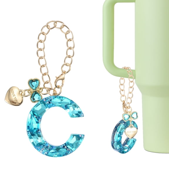 Uxcell Letter Charm for Stanley Tumbler Cup, Bow Heart Initial C Letter Charm Accessories with Bling Rhinestone for Tumblers or Other Water Cups with Handle for Women, Blue