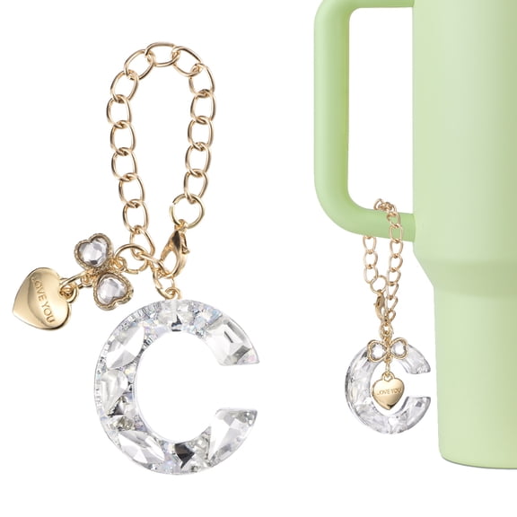 Uxcell Letter Charm for Stanley Tumbler Cup, Bow Heart Initial C Letter Charm Accessories with Bling Rhinestone for Tumblers or Other Water Cups with Handle for Women, White