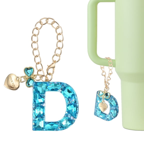 Uxcell Letter Charm for Stanley Tumbler Cup, Bow Heart Initial D Letter Charm Accessories with Bling Rhinestone for Tumblers or Other Water Cups with Handle for Women, Blue