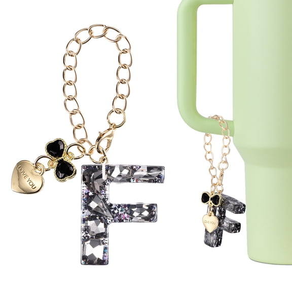 Uxcell Letter Charm for Stanley Tumbler Cup, Bow Heart Initial F Letter Charm Accessories with Bling Rhinestone for Tumblers or Other Water Cups with Handle for Women, Black