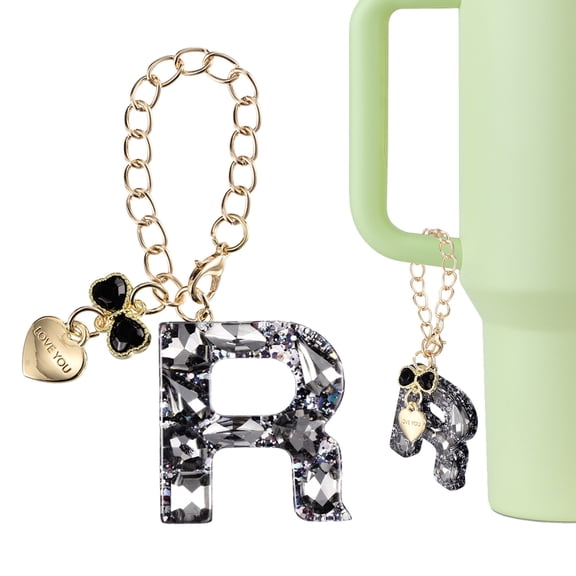 Uxcell Letter Charm for Stanley Tumbler Cup, Bow Heart Initial R Letter Charm Accessories with Bling Rhinestone for Tumblers or Other Water Cups with Handle for Women, Black