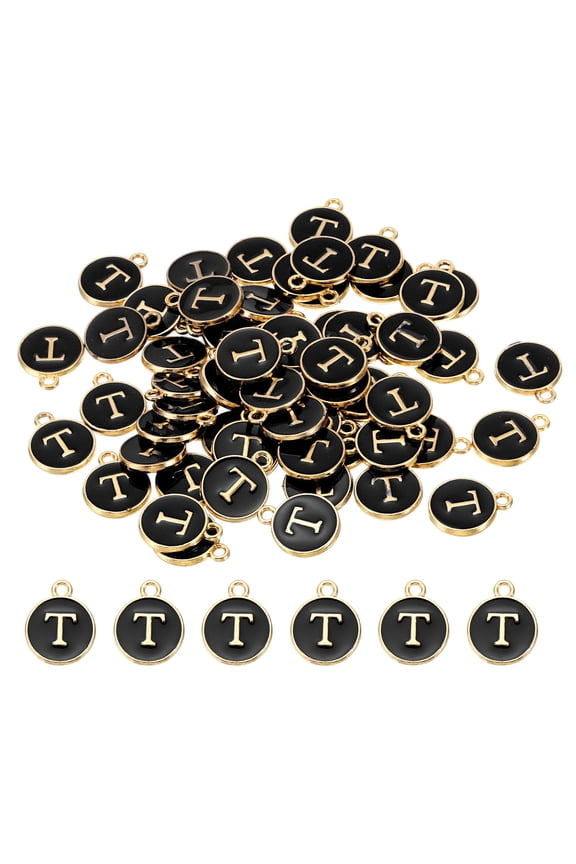 Letter Charm T, 60Pcs Double Sided Alphabet Initial Charm Pendants Beads Black