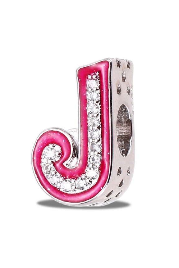Letter Charm for Bracelets, Silver Alphabet Initial J Bead Charm for Women DIY Gifts, Pink