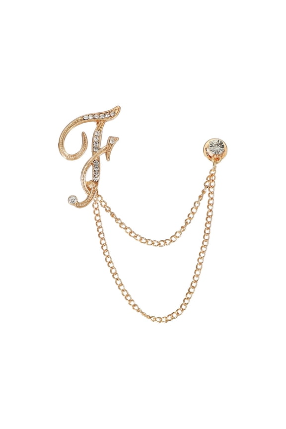 Letter Hanging Chain Brooch Suit Pin, Initial Letter F Rhinestone Tassel Chain Lapel Pins Alphabet A-Z Brooches for Men Women Suit Tuxedo Accessories, Gold Tone