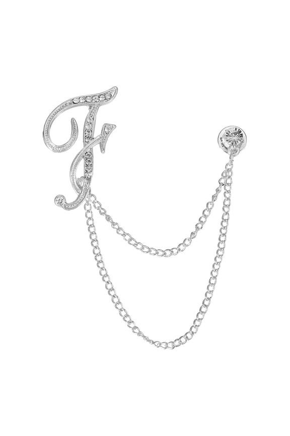 Letter Hanging Chain Brooch Suit Pin, Initial Letter F Rhinestone Tassel Chain Lapel Pins Alphabet A-Z Brooches for Men Women Suit Tuxedo Accessories, Silver Tone