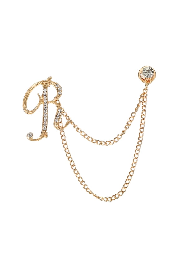 Letter Hanging Chain Brooch Suit Pin, Initial Letter R Rhinestone Tassel Chain Lapel Pins Alphabet A-Z Brooches for Men Women Suit Tuxedo Accessories, Gold Tone