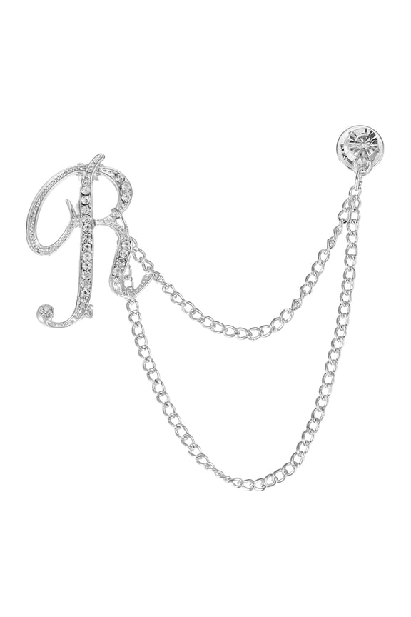 Letter Hanging Chain Brooch Suit Pin, Initial Letter R Rhinestone Tassel Chain Lapel Pins Alphabet A-Z Brooches for Men Women Suit Tuxedo Accessories, Silver Tone