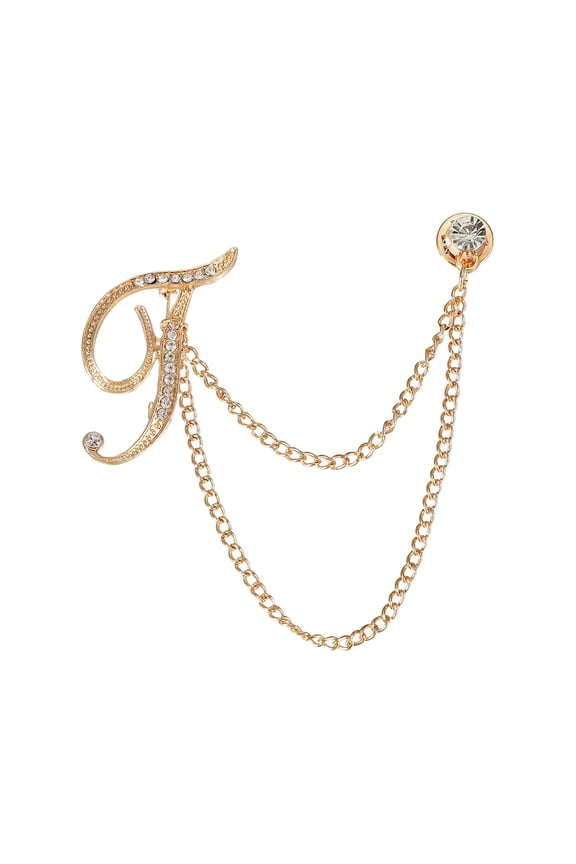 Letter Hanging Chain Brooch Suit Pin, Initial Letter T Rhinestone Tassel Chain Lapel Pins Alphabet A-Z Brooches for Men Women Suit Tuxedo Accessories, Gold Tone