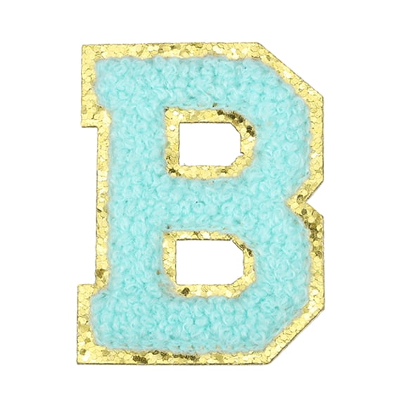 Uxcell Letter Iron-on Patches, 2.2" Chenille Letter-B Initial Patches Golden Edge Alphabet Embroidery Applique with Adhesive Sticker for Clothing Repair Decor, Water Blue