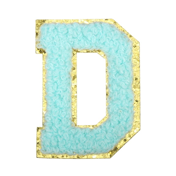Uxcell Letter Iron-on Patches, 2.2" Chenille Letter-D Initial Patches Golden Edge Alphabet Embroidery Applique with Adhesive Sticker for Clothing Repair Decor, Water Blue
