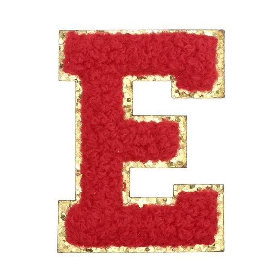 Uxcell Letter Iron-on Patches, 2.2" Chenille Letter-E Initial Patches Golden Edge Alphabet Embroidery Applique with Adhesive Sticker for Clothing Repair Decor, Red