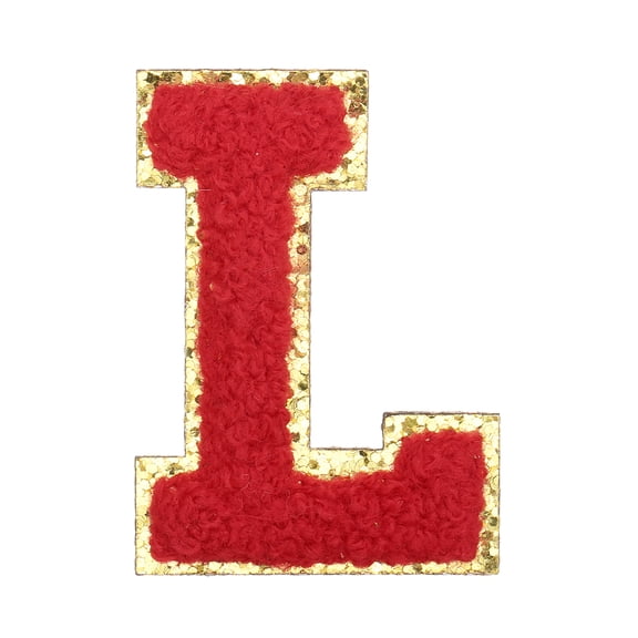 Uxcell Letter Iron-on Patches, 2.2" Chenille Letter-L Initial Patches Golden Edge Alphabet Embroidery Applique with Adhesive Sticker for Clothing Repair Decor, Red
