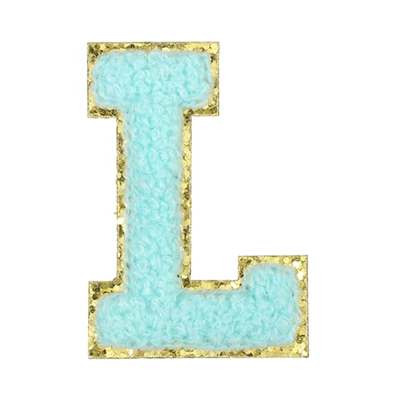 Uxcell Letter Iron-on Patches, 2.2" Chenille Letter-L Initial Patches Golden Edge Alphabet Embroidery Applique with Adhesive Sticker for Clothing Repair Decor, Water Blue