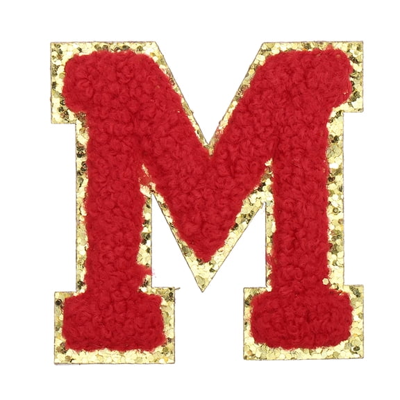 Uxcell Letter Iron-on Patches, 2.2" Chenille Letter-M Initial Patches Golden Edge Alphabet Embroidery Applique with Adhesive Sticker for Clothing Repair Decor, Red