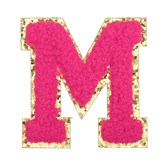Uxcell Letter Iron-on Patches, 2.2" Chenille Letter-M Initial Patches Golden Edge Alphabet Embroidery Applique with Adhesive Sticker for Clothing Repair Decor, Rose Red