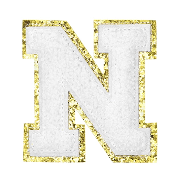 Uxcell Letter Iron-on Patches, 2.2" Chenille Letter-N Initial Patches Golden Edge Alphabet Embroidery Applique with Adhesive Sticker for Clothing Repair Decor, White