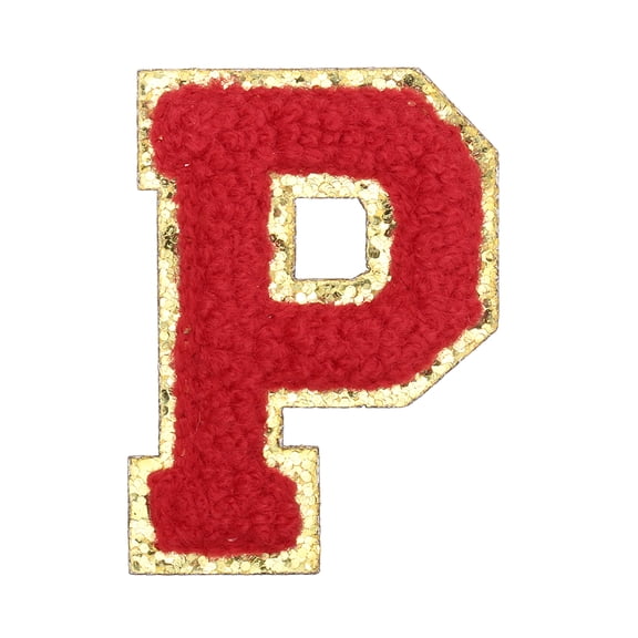Uxcell Letter Iron-on Patches, 2.2" Chenille Letter-P Initial Patches Golden Edge Alphabet Embroidery Applique with Adhesive Sticker for Clothing Repair Decor, Red