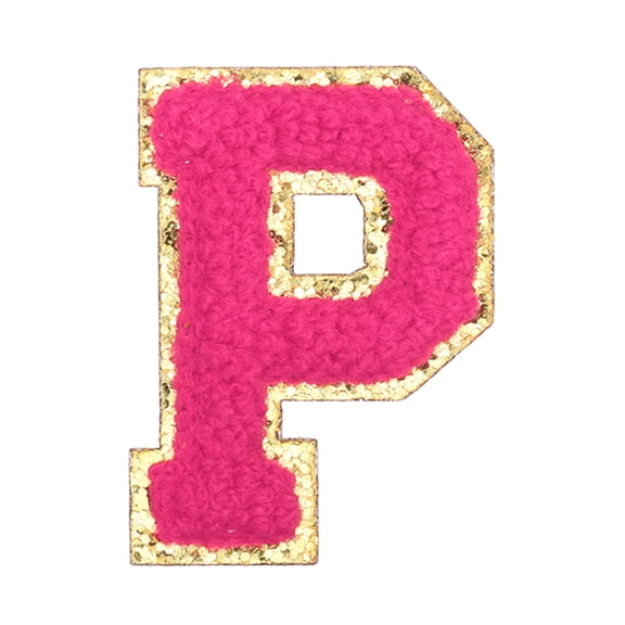 Uxcell Letter Iron-on Patches, 2.2" Chenille Letter-P Initial Patches Golden Edge Alphabet Embroidery Applique with Adhesive Sticker for Clothing Repair Decor, Rose Red