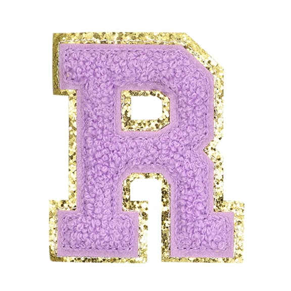 Uxcell Letter Iron-on Patches, 2.2" Chenille Letter-R Initial Patches Golden Edge Alphabet Embroidery Applique with Adhesive Sticker for Clothing Repair Decor, Purple
