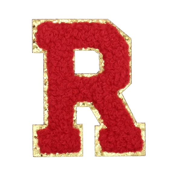 Uxcell Letter Iron-on Patches, 2.2" Chenille Letter-R Initial Patches Golden Edge Alphabet Embroidery Applique with Adhesive Sticker for Clothing Repair Decor, Red