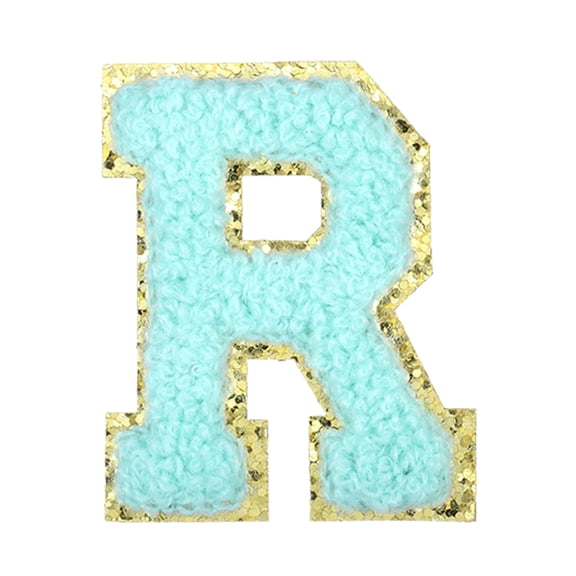Uxcell Letter Iron-on Patches, 2.2" Chenille Letter-R Initial Patches Golden Edge Alphabet Embroidery Applique with Adhesive Sticker for Clothing Repair Decor, Water Blue