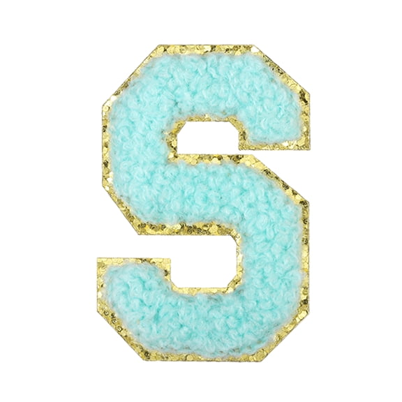 Uxcell Letter Iron-on Patches, 2.2" Chenille Letter-S Initial Patches Golden Edge Alphabet Embroidery Applique with Adhesive Sticker for Clothing Repair Decor, Water Blue