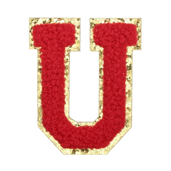 Uxcell Letter Iron-on Patches, 2.2" Chenille Letter-U Initial Patches Golden Edge Alphabet Embroidery Applique with Adhesive Sticker for Clothing Repair Decor, Red