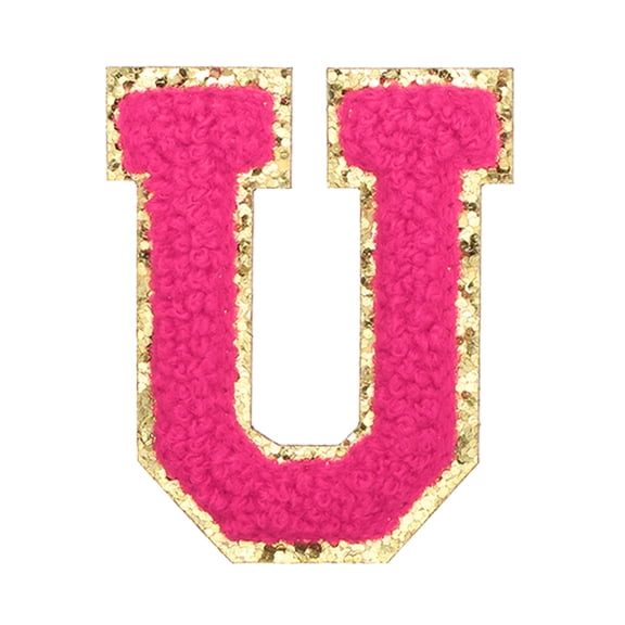 Uxcell Letter Iron-on Patches, 2.2" Chenille Letter-U Initial Patches Golden Edge Alphabet Embroidery Applique with Adhesive Sticker for Clothing Repair Decor, Rose Red