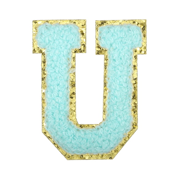 Uxcell Letter Iron-on Patches, 2.2" Chenille Letter-U Initial Patches Golden Edge Alphabet Embroidery Applique with Adhesive Sticker for Clothing Repair Decor, Water Blue