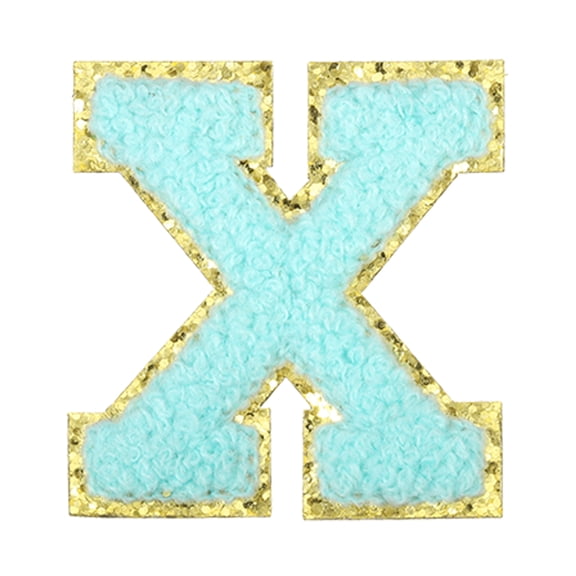 Uxcell Letter Iron-on Patches, 2.2" Chenille Letter-X Initial Patches Golden Edge Alphabet Embroidery Applique with Adhesive Sticker for Clothing Repair Decor, Water Blue