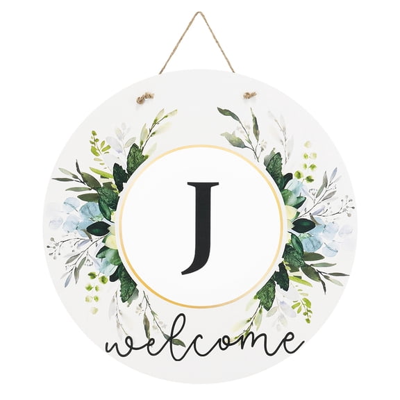 Uxcell Letter J Wreath Welcome Sign for Front Door, Wooden Round Hanging Sign with Rope for Front Porch Home Garden Farmhouse Yard Outside Wall Decorations
