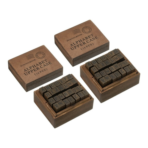 Uxcell Letter Rubber Stamps, 56Pcs 2 Set Capital Letter Wood Stamp with Vintage Box