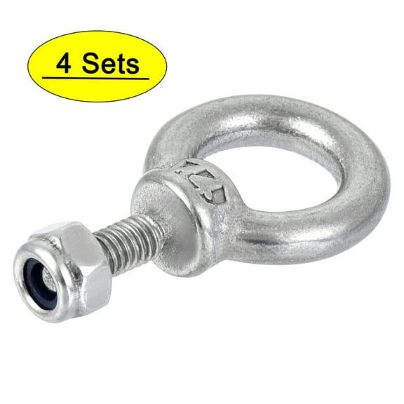 Uxcell Lifting Eye Bolt M4 x 0.43" Male Thread with Hex Screw Nut for Hanging, Stainless Steel, 4 Sets