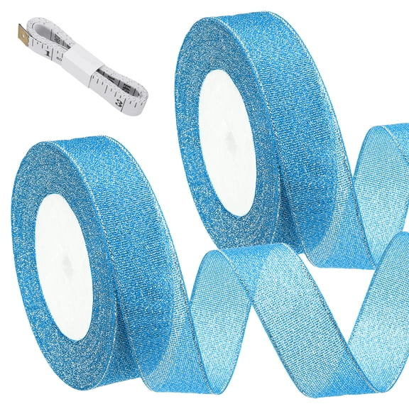 Uxcell Light Blue Glitter Ribbon (25 Yards, 1" Wide) with Silver Thread Sparkly Metallic Fabric Ribbons - Sparkly Practical, for Gift Wrapping Balloons Crafts DIY Decor Holiday