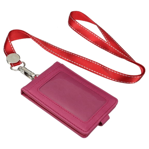 Uxcell Folded PU Leather ID Badge Holder with Lanyard with 1 Clear Window 4 Card Slot Rose Red