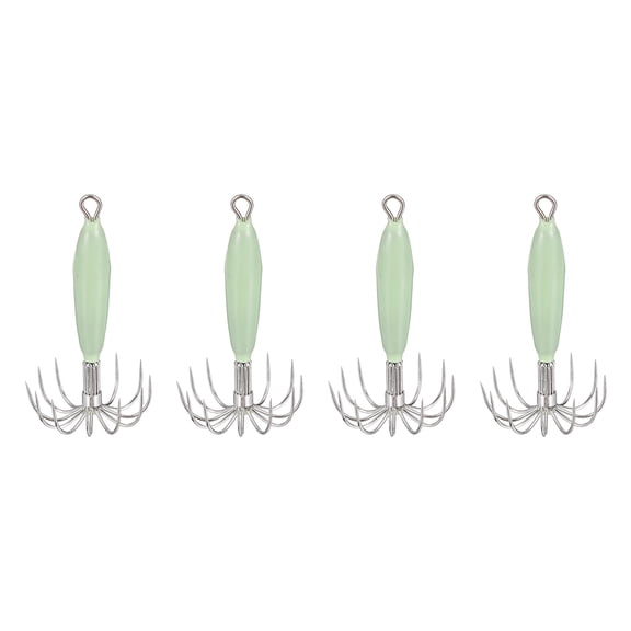 Uxcell Luminous Squid Jig Hooks, 12g Squid Jigs Saltwater Glow in Dark with 12 Stainless Steel Needles Fishing Lures Bait 2'' & 4Pcs & Green - Fit for Cuttlefish Sleeve Night Fishing