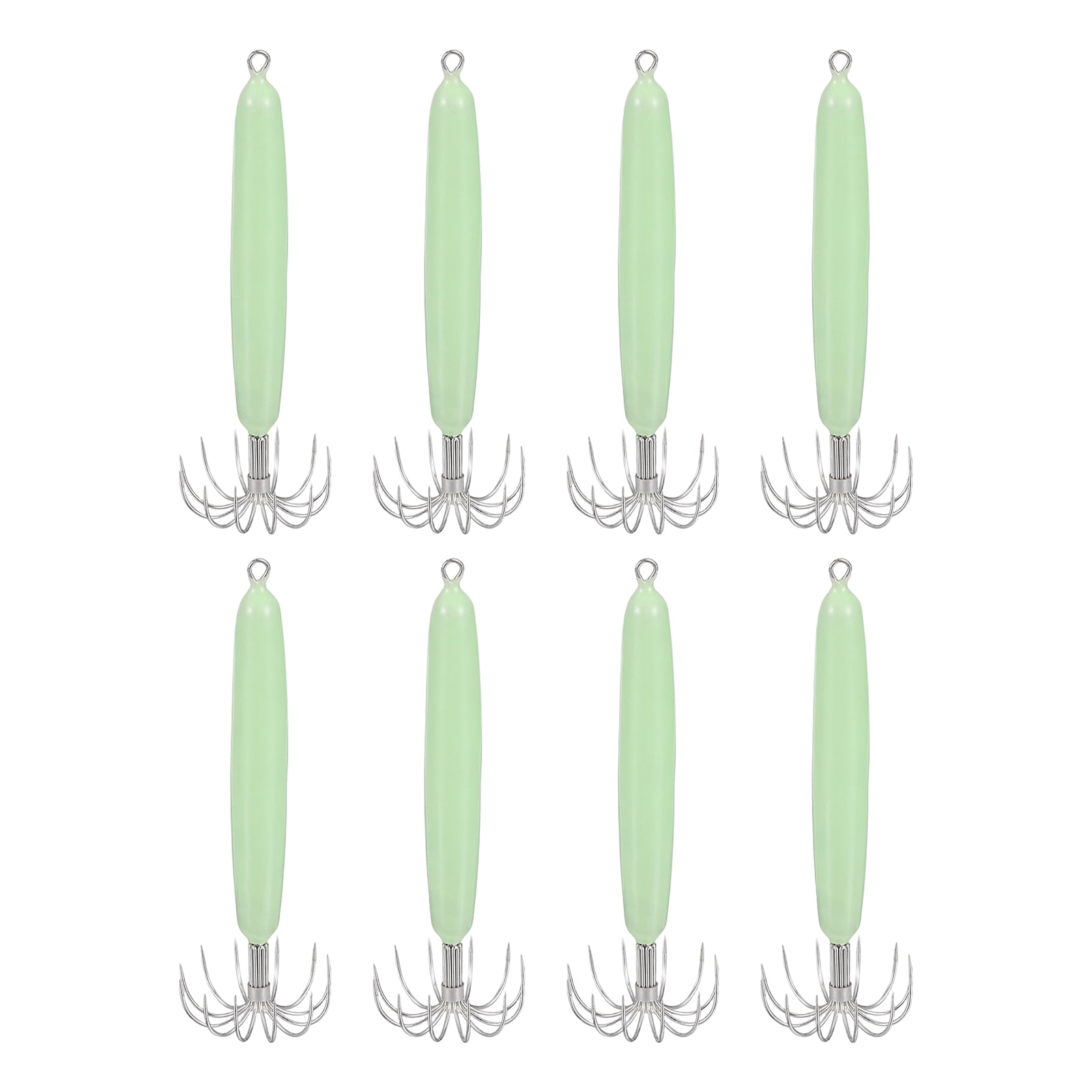Uxcell Luminous Squid Jig Hooks, 55g Squid Jigs Saltwater Glow in Dark with 12 Stainless Steel Needles Fishing Lures Bait 4'' & 8Pcs & Green - Fit for Cuttlefish Sleeve Night Fishing