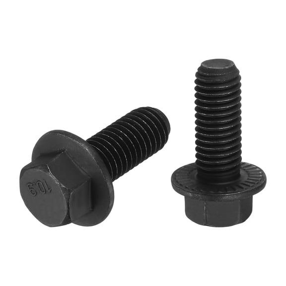 Uxcell M10-1.25x25mm Flanged Hex Head Bolts, 8Pcs Carbon Steel Fully Fine Thread Serrated Flange Screws, Black Oxide Hexagon Head Bolts for Auto, Machine, Industrial