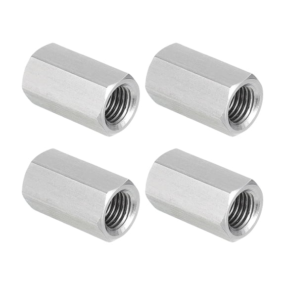 Uxcell M10 x 1.25-Pitch 304 Stainless Steel Hex Coupling Nuts, 4Pcs 25mm / 1" Length Fully Threaded Rod Coupling Nut Studding Connector Fasteners, Silver Tone