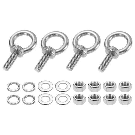 Uxcell M10 x 30mm Eye Bolt, 4Pcs 304 Stainless Steel Thread Lifting Ring Set, Silver
