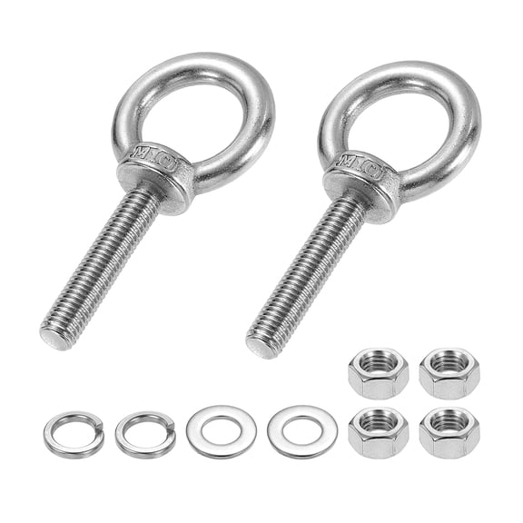 Uxcell M10 x 50mm Eye Bolt, 2Pcs 304 Stainless Steel Thread Lifting Ring Set, Silver