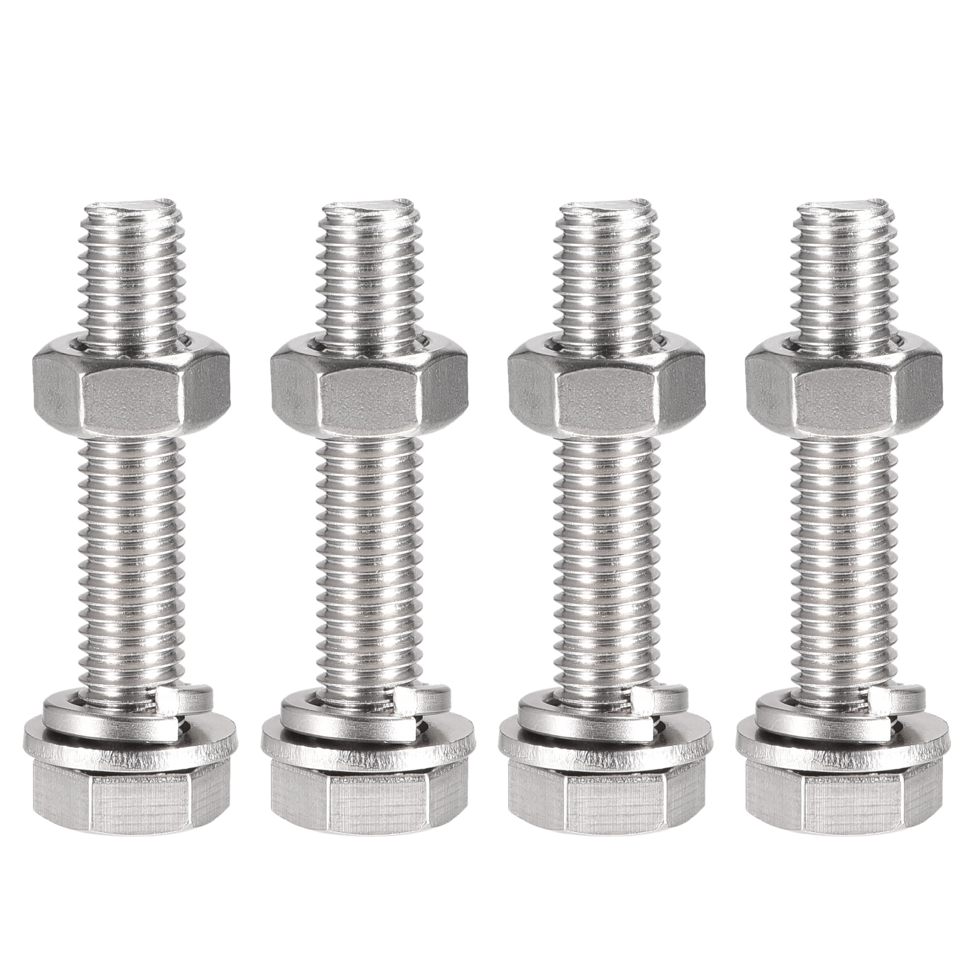 Uxcell M10 X 130mm Hex Head Bolt Kit – 4 Sets With Nuts, Flat & Lock Washers – 304 Stainless Steel, Fully Threaded