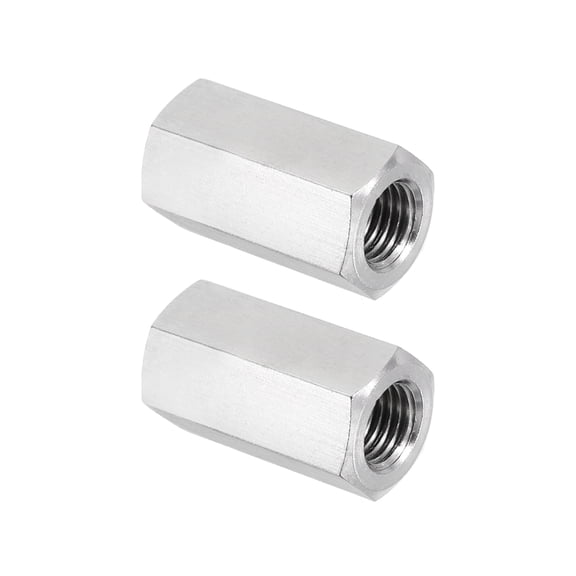 Uxcell M10x1.25 Pitch 304 Stainless Steel Hex Coupling Nuts, 2 Pcs 30mm / 1.18" Length Fully Threaded Rod Coupling Nut Studding Connector Fasteners, Silver Tone